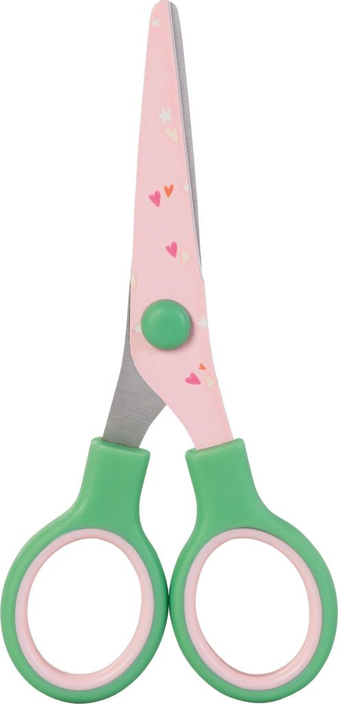 Kinderschere Fruity Love mit Soft-Touch-Griff, rostfreier, bedruckter Klinge und abgerundeter Spitze, rosa/grün