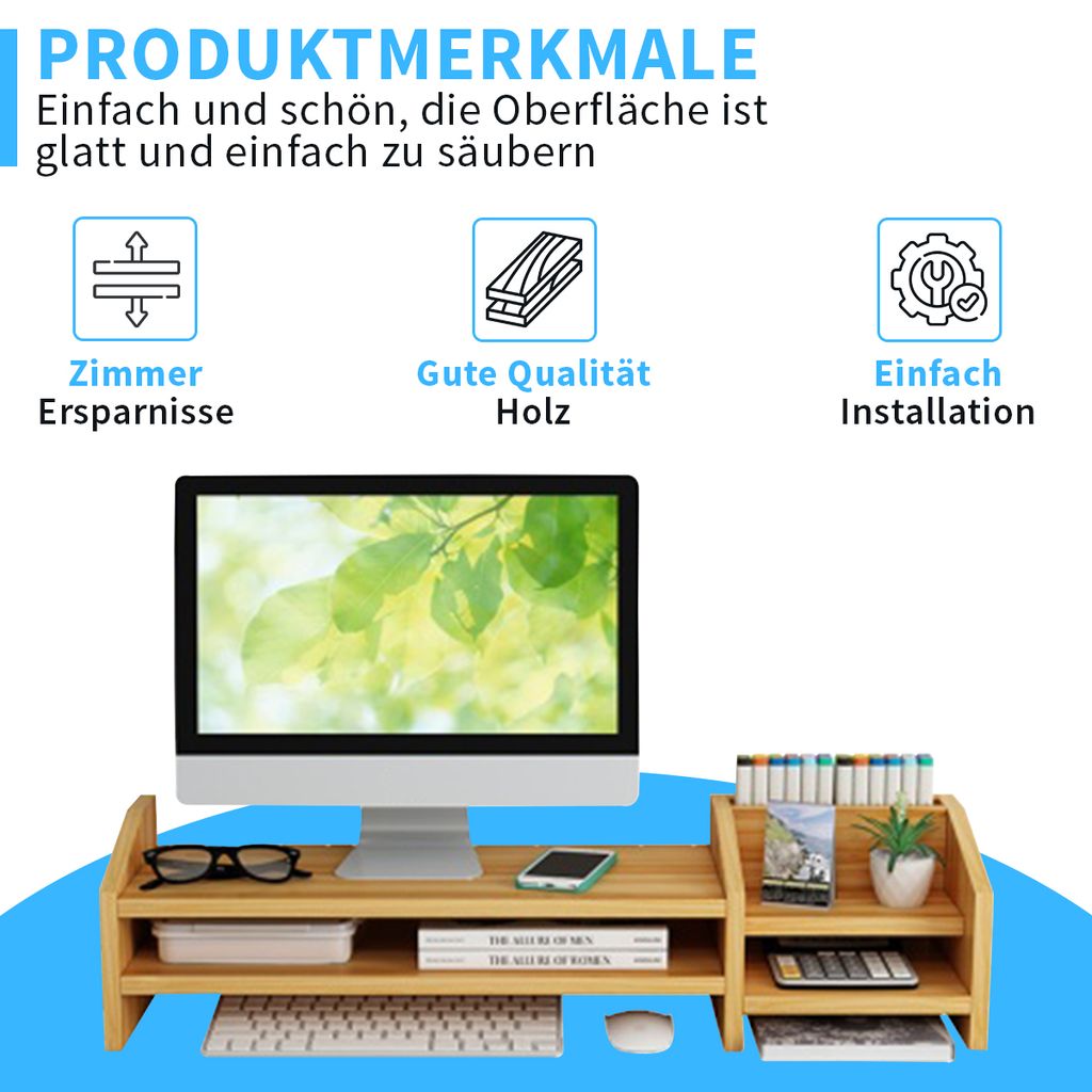 Fleau Monitorerhöhung Aus Holz - Laptopständer & Schreibtisch-Organizer Mit Fächern | Ergonomische Bildschirmerhöhung