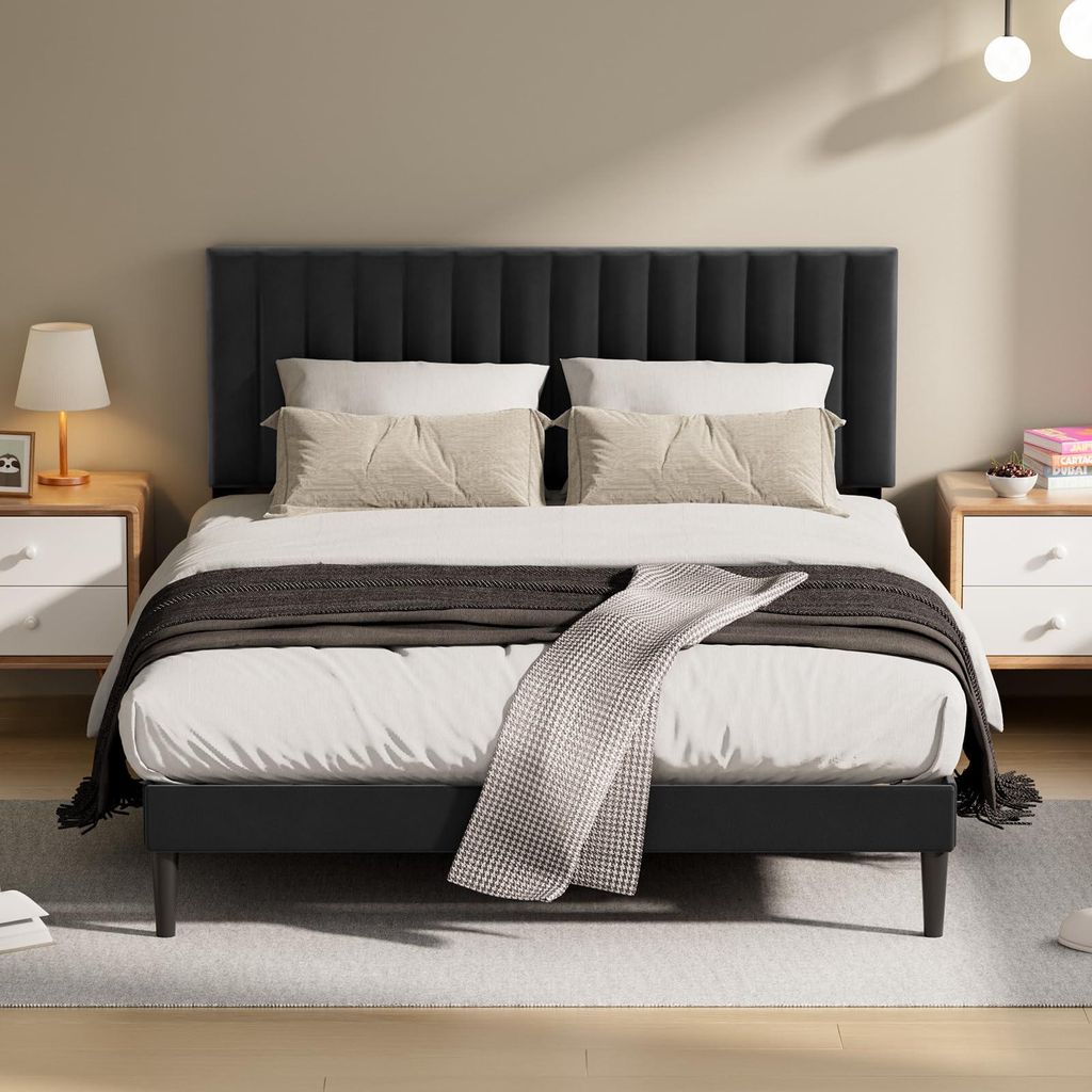 Bettgestell 140 x 190 cm, Belastbarkeit 500 kg, 22 cm Staufach, Doppelbett, gepolstert mit Holz und Metall, Plattformbett, leise, stabil