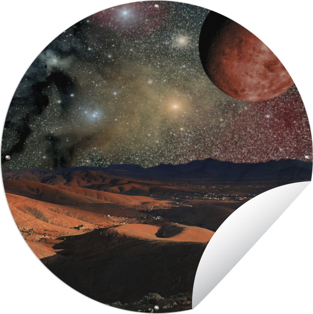 MuchoWow Gartenposter Outdoor-Poster Rund Eine Illustration einer Planetenoberfläche mit Sternen und Planeten Ø 150 cm Gartendeko Rundes Poster...