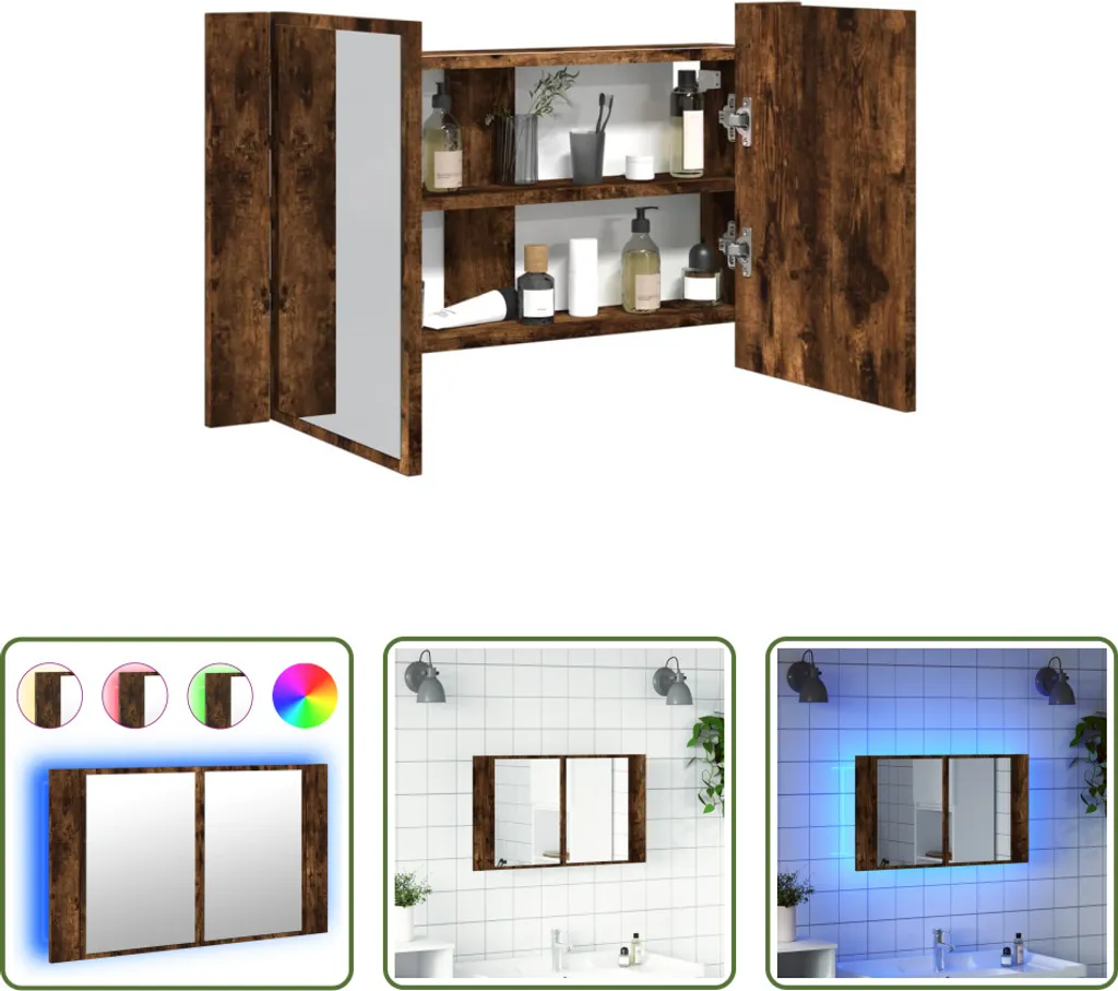 Miroir de salle de bain lumineux 80x45 cm - Rangement chêne fumé LED
