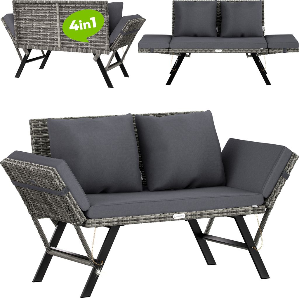 Collage of a garden bench in different configurations and close-ups.