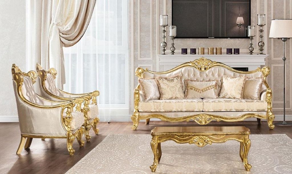 Casa Padrino Luxus Barock Wohnzimmer Set Beige / Gold - 2 Barock Sofas mit Muster & 2 Barock Sessel mit Muster & 1 Barock Couchtisch - Barock Wohnz...