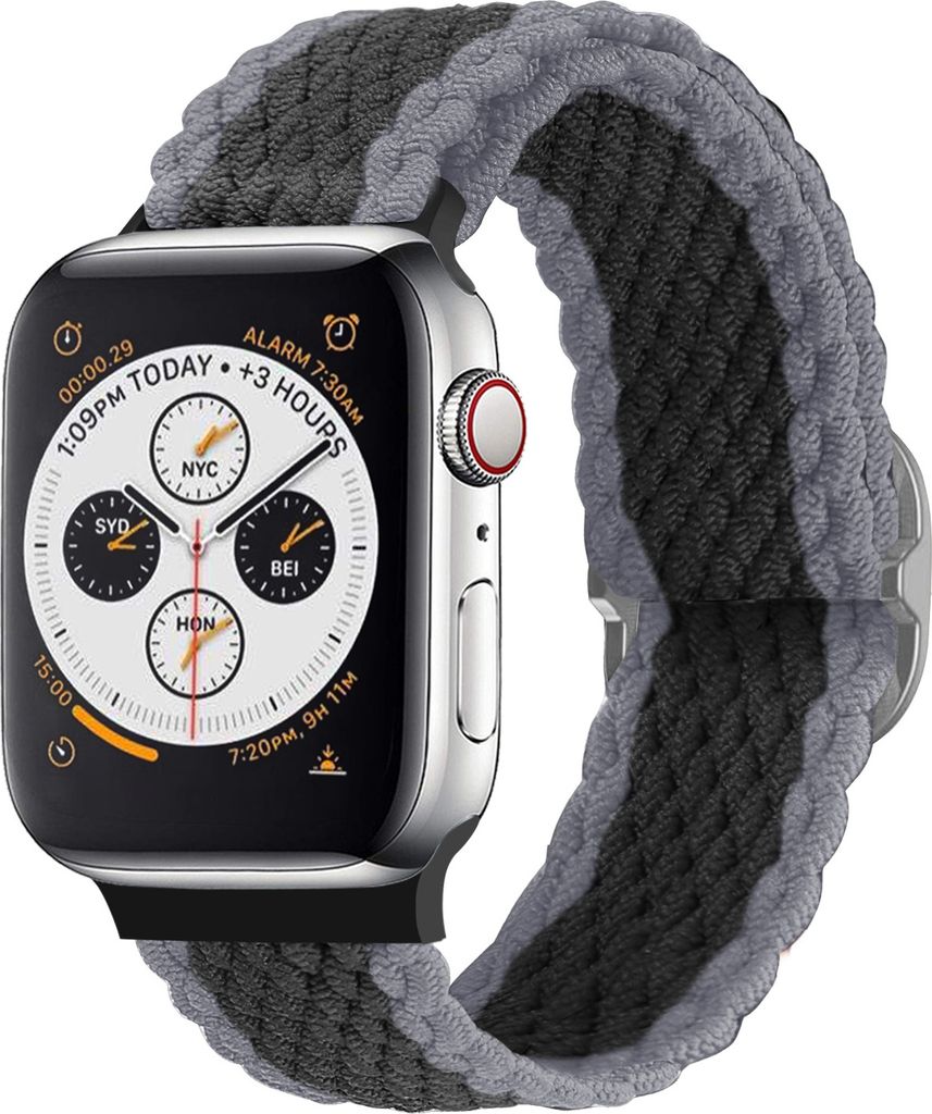 Strap-it Apple Watch verstellbares gewebtes Nylonarmband (Schwarz/Grau)