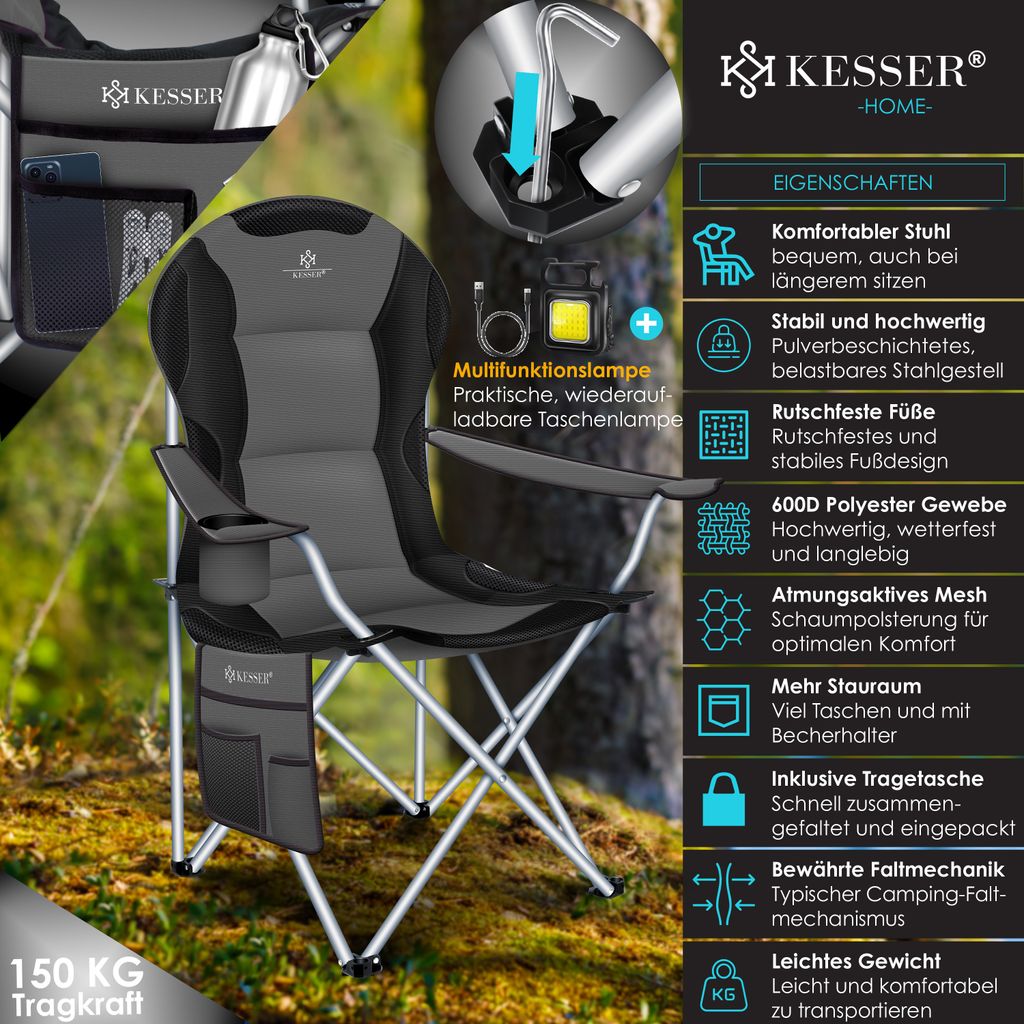 KESSER Campingstuhl Angelstuhl Faltstuhl – 150 Kg Tragkraft, Mit Tasche, Getränkehalter – NEU