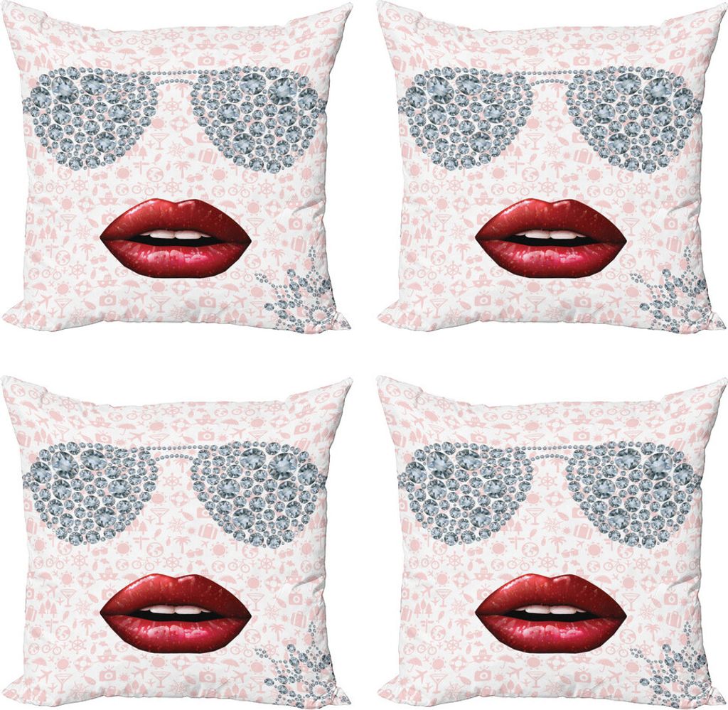 ABAKUHAUS Mode Kissenbezug Set (4 Stück), Diamant-Brille und Lippen, Moderner Doppelseitiger Digitaldruck, 50 cm x 50 cm, Blush und Multicolor