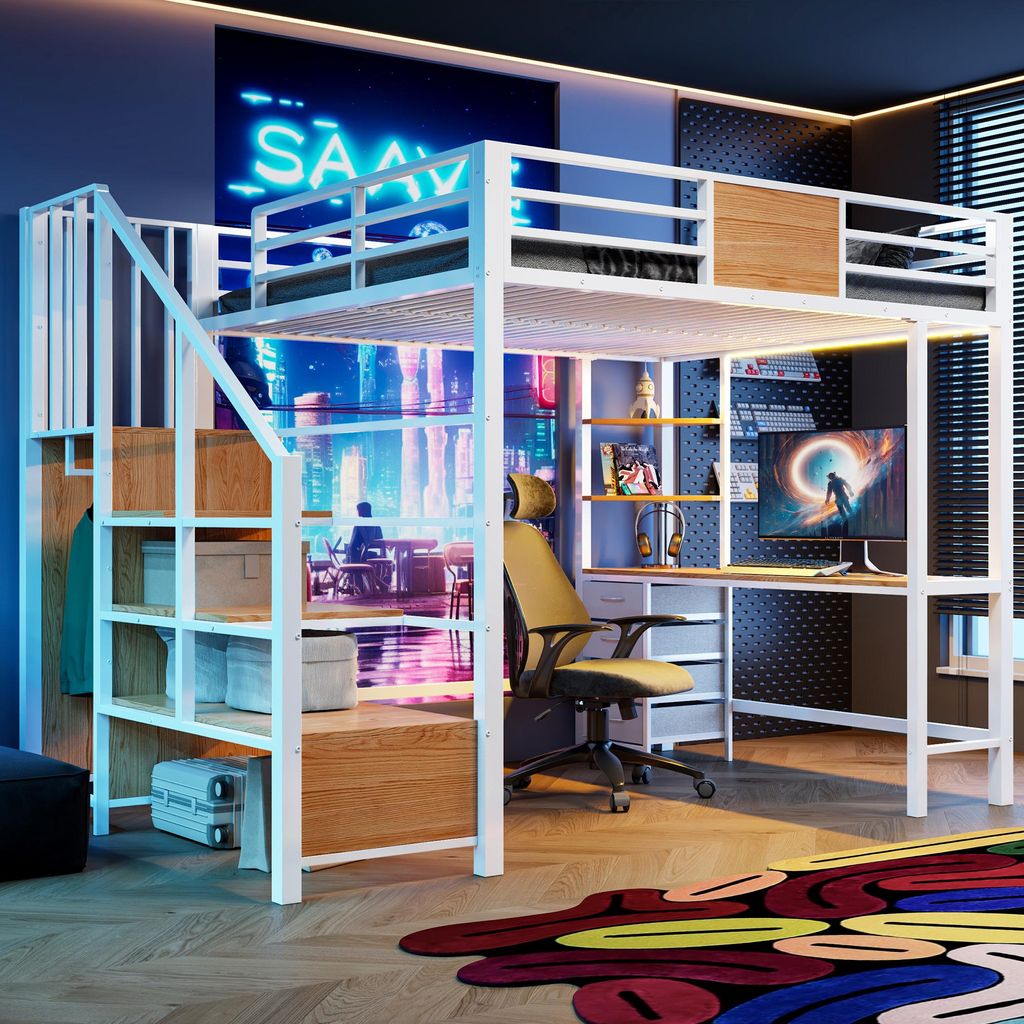 Merax Hochbett Etagenbett 140x200cm mit Schreibtisch, Metallbett mit LED-Beleuchtung und Kleiderstange, Kinderbett mit Steckdose, Ablagefächern, W...