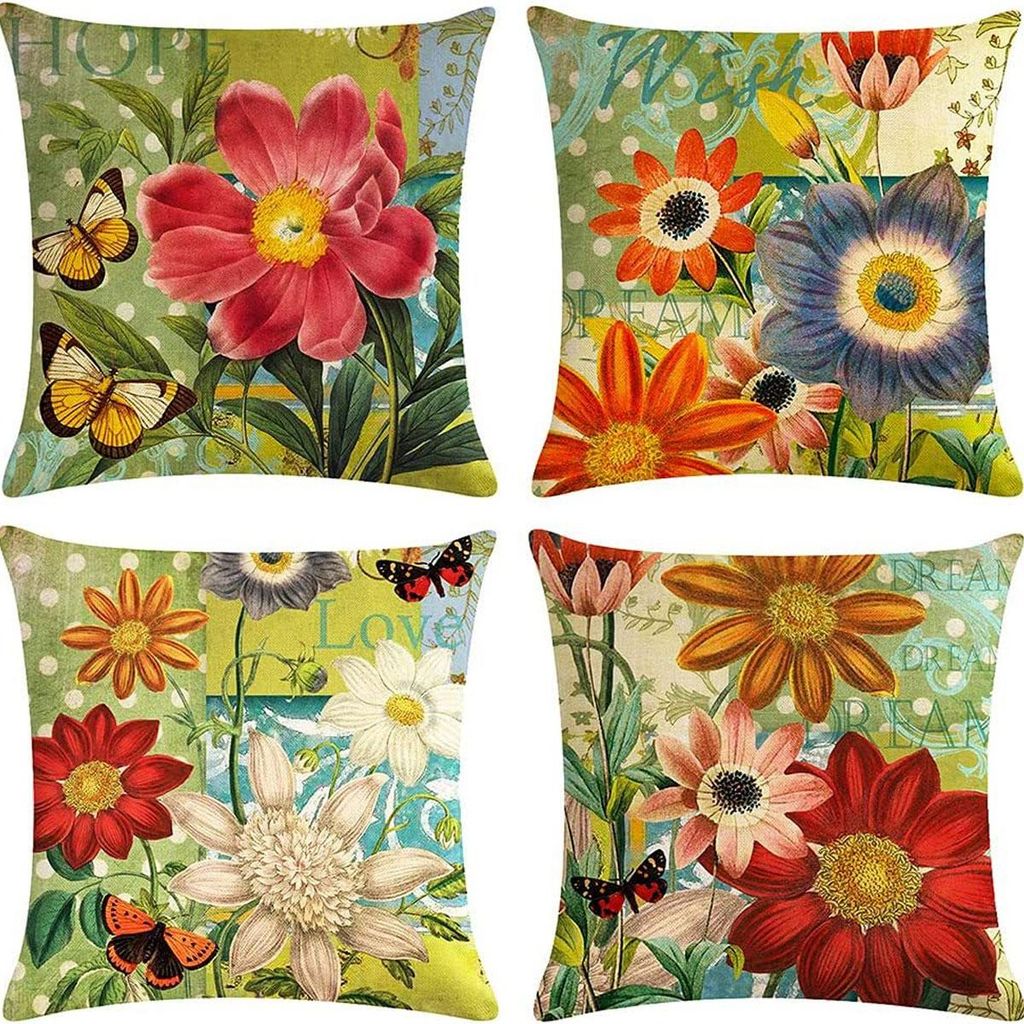 Summer Hug Kissenbezug 4 Stück, 18x18 Zoll, Baumwolle-Hanf-Mix, Farmhouse-Blumenmuster, Für Wohnzimmer Sofa Bett Balkon