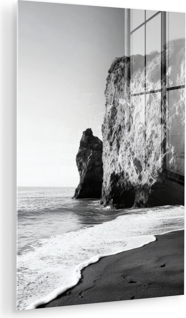 MuchoWow Glasbilder - Bilder auf Wandbild - Foto auf Glas Strand - Klippe - Wellen - Fußstapfen 80x120 cm Wanddekoration aus Glas - Acrylglasbild ...