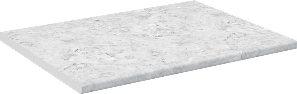 A white countertop with a marble pattern, shown from a diagonal angle.