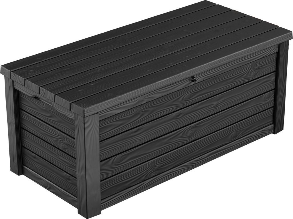 A dark gray storage box with a slatted lid and sides, designed to resemble wood grain.