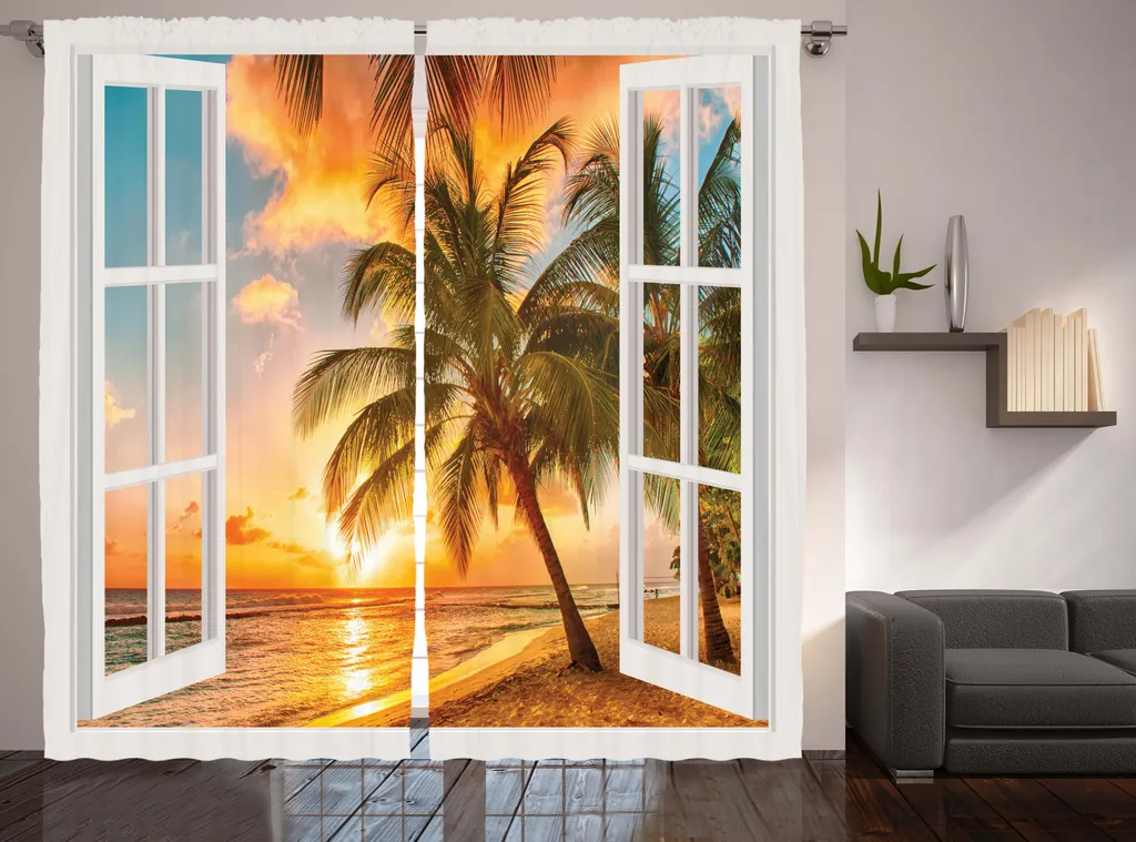 Rideau Tropical 280x225 cm avec Boucles et Crochets Coloris Jaune Brun