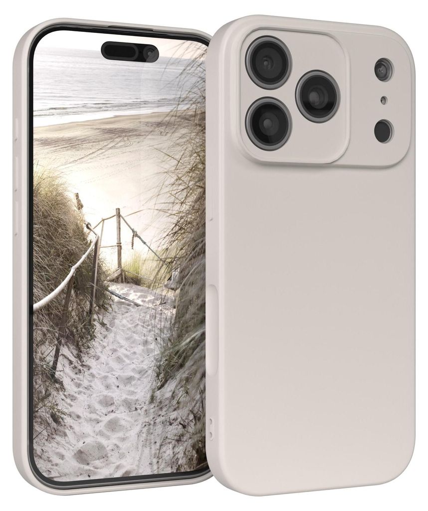 A close-up, angled view of a smartphone case with a beach scene on the phone's screen.