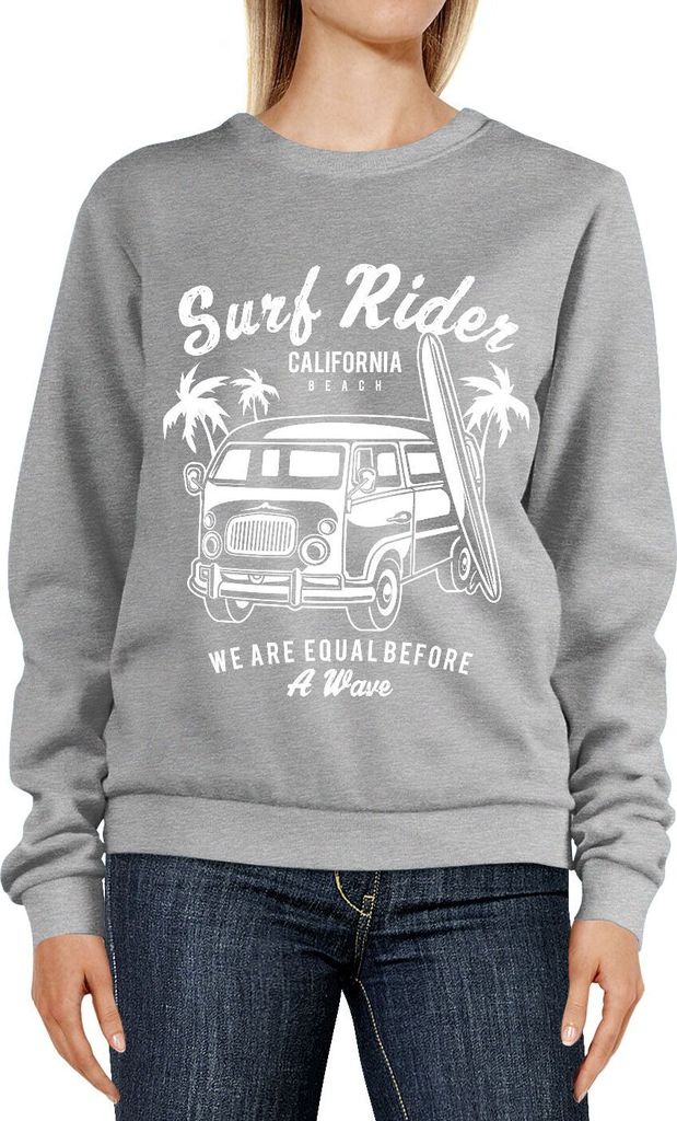 Sweatshirt Damen Aufdruck Bus Surf Rider California Surfing Retro Rundhals-Pullover Pulli Sweater Neverless grau-melange XL