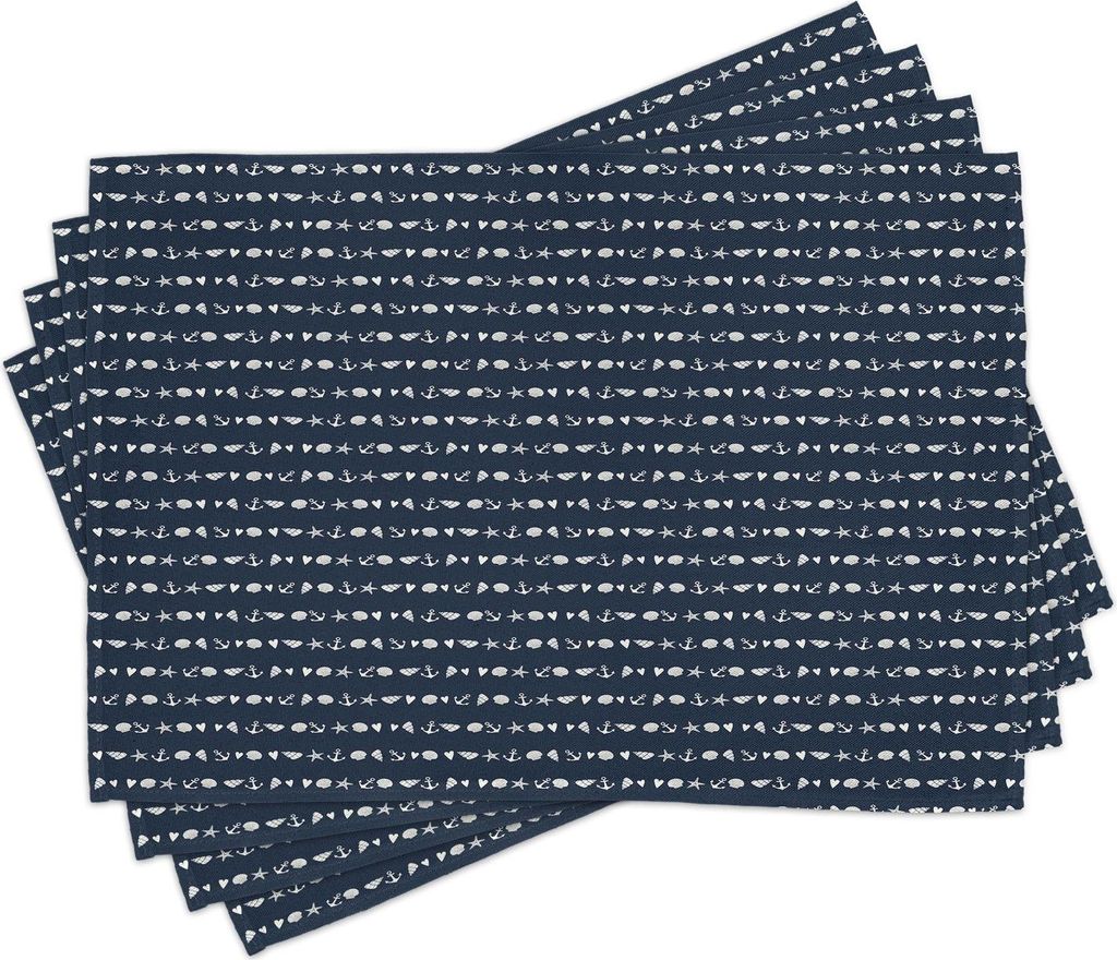 ABAKUHAUS maritim Platzmatten, Nautik als Repetitive Horizontale Linien Shells Anchors Herzen, 30 x 45 cm, Dark Night Blau Weiß