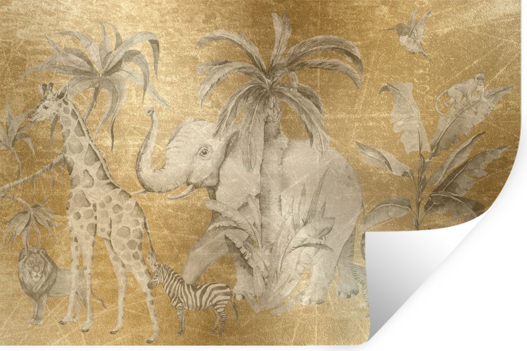 MuchoWow Wandtattoo Wandsticker Wandaufkleber Dschungel - Kinder - Gold - Tiere 90x60 cm Selbstklebend und Repositionierbar - Aufkleber