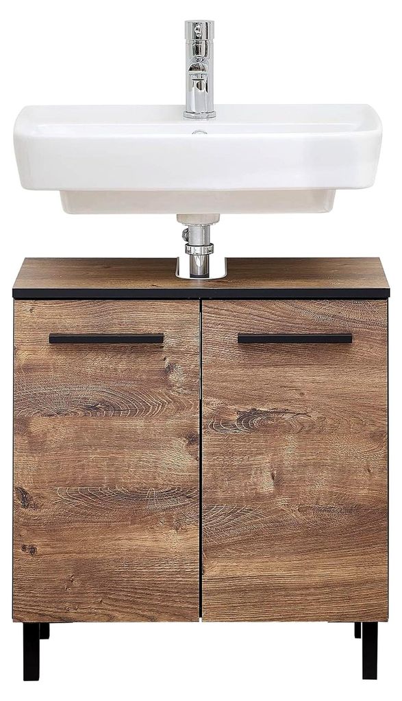 Waschbeckenunterschrank Quickset 374 in Eiche Ribbeck quer Nachbildung, 60 cm breit | Waschbeckenschrank ohne Waschbecken mit 2 Türen