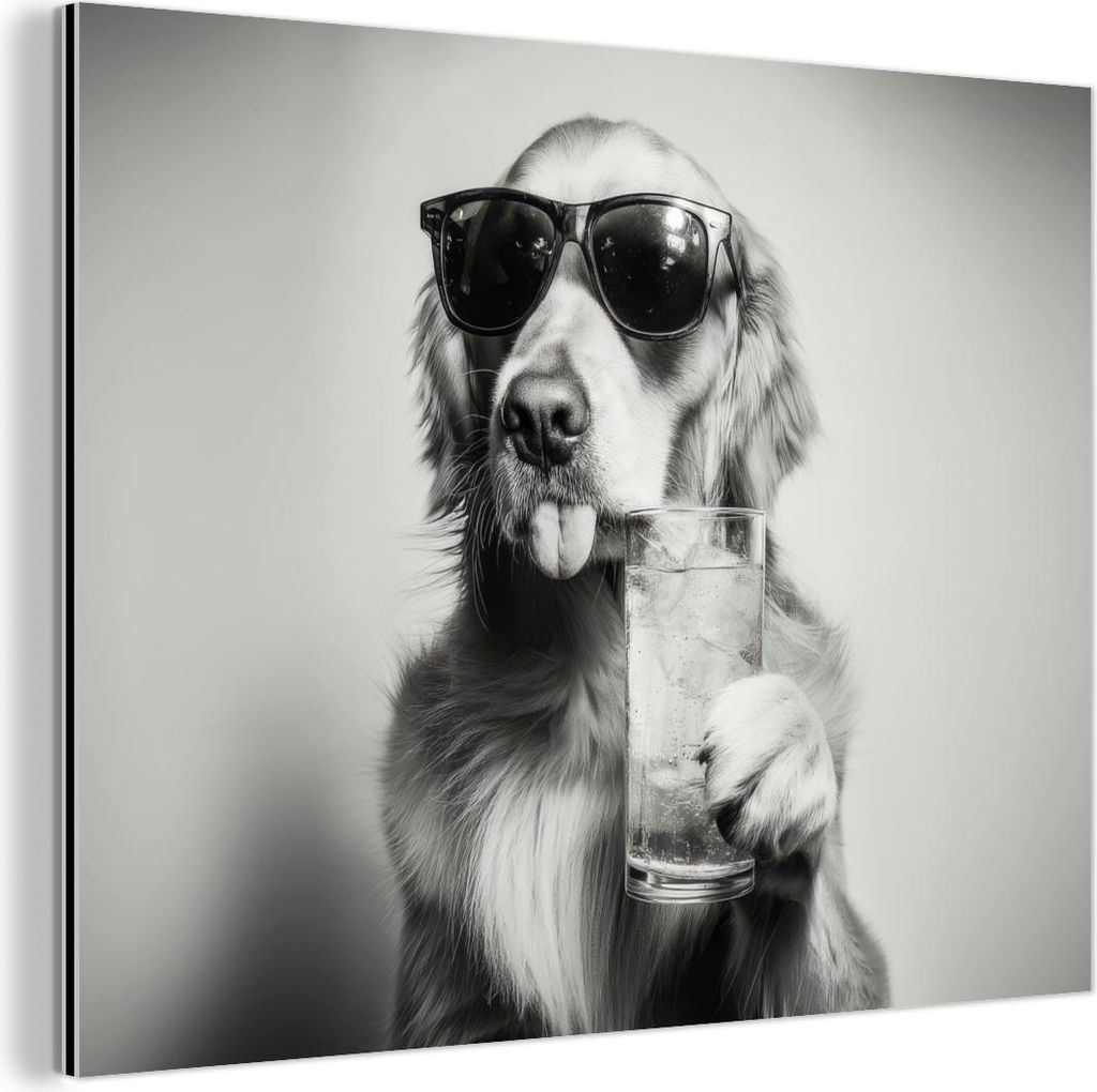 MuchoWow Wanddekoration Metall Metallbild Wandkunst 80x60 cm Golden Retriever - Hund - Sonnenbrille - Gkas MuchoWow Aluminium Gemälde - Alubild