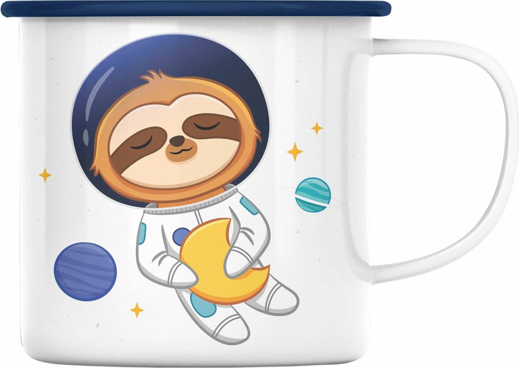 Trendation - Süße Faultier Emaille Tasse Geschenk Weltall Galaxie Geschenkidee Jungs Jungen Coole Grafik (Blau)