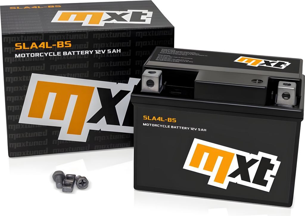 A motorcycle battery and its packaging are displayed on a white background.