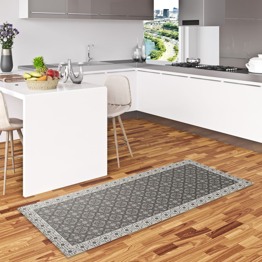 Vinyl Teppich Küchenläufer Evora Fliesenoptik Schwarz Grau, Größe:65x150 cm