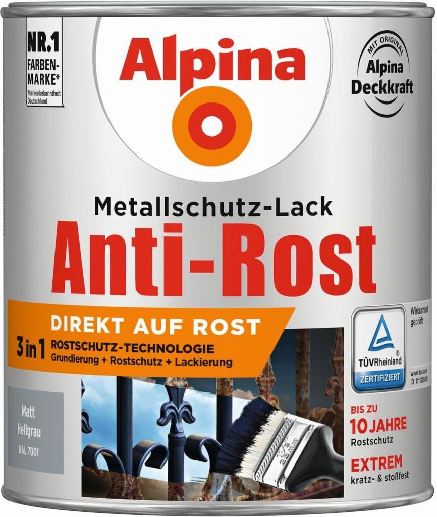 Alpina Metallschutz-Lack Anti-Rost 750 ml hellgrau matt Produktbild