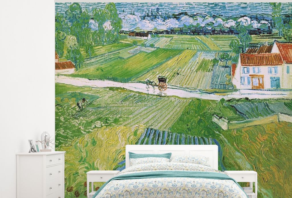 MuchoWow Fototapete für Wohnzimmer oder Schlafzimmer Wandtapete Vinyl Motivtapete Landschaft mit Kutsche und Zug - Vincent van Gogh - 300x240 cm...