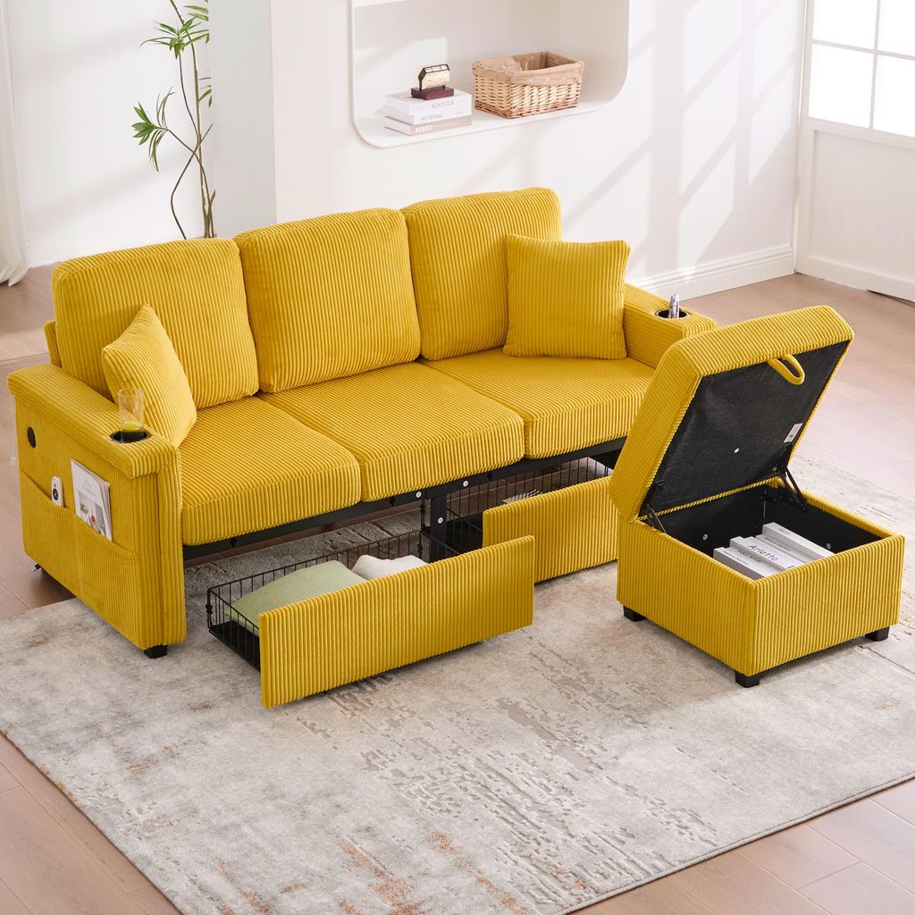 MODFU Klassisches Samtpolstermöbel, LED-Beleuchtetes Samtsofa mit Relaxfunktion, Seitentaschen & Getränkehalter, Senfgelb