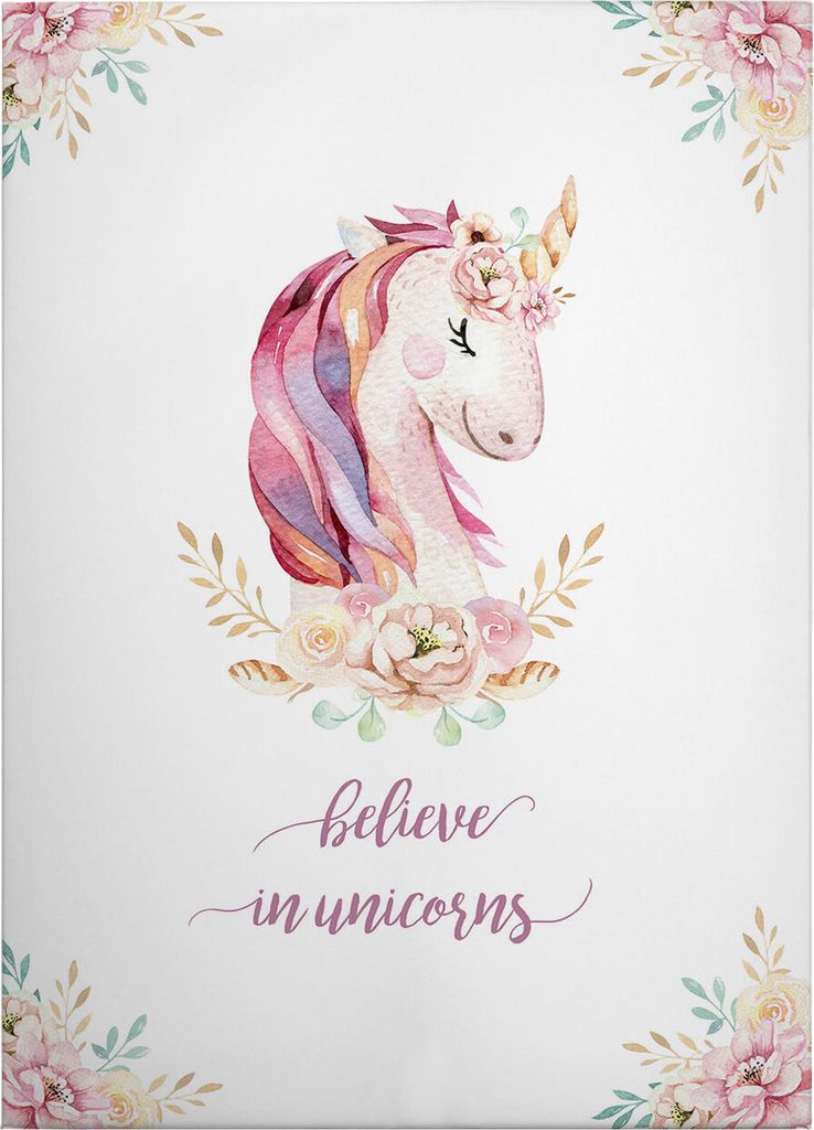 Leinwandbild Kinder 70 x 50 cm - Wandbild Rosa Weiß - Keilrahmen Tiere Einhorn Wohnzimmerdeko Wanddeko Wandgemälde
