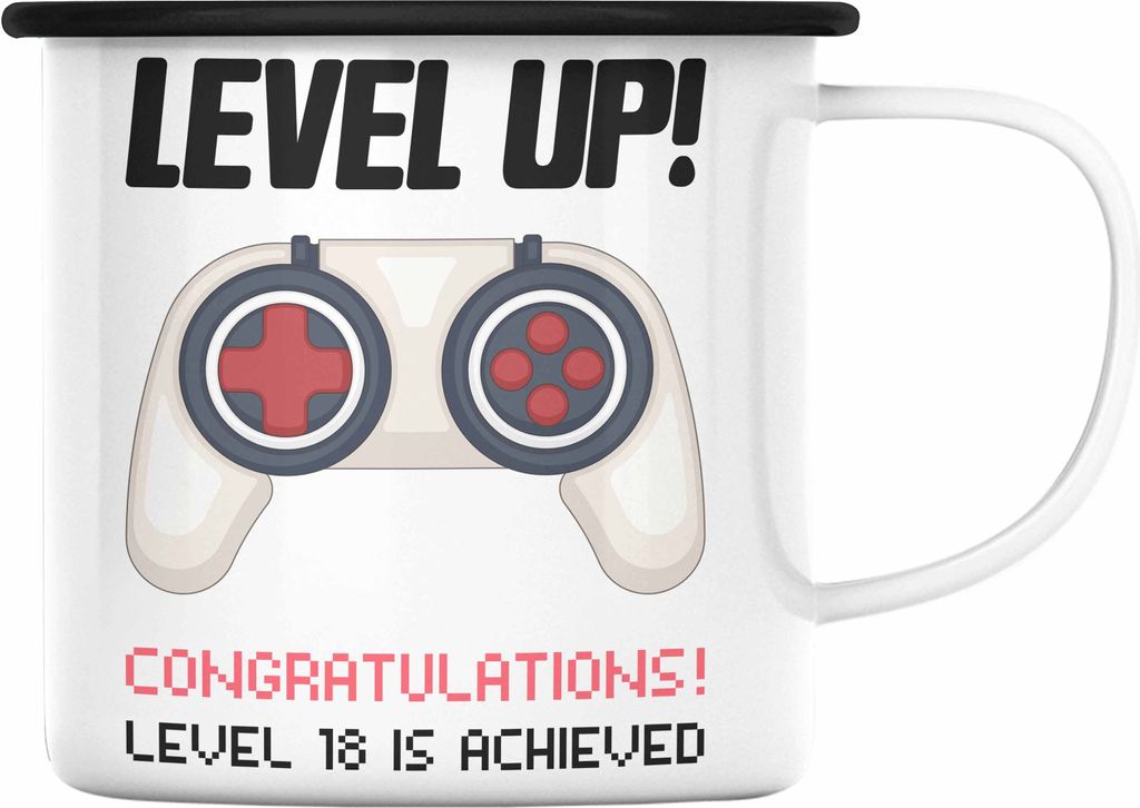 Trendation - 18. Geburtstag Emaille Tasse Jungen Jungs Geschenk 18er Geschenkidee 18 Sohn Gamer Zocker Sprüche Lustig (Schwarz)