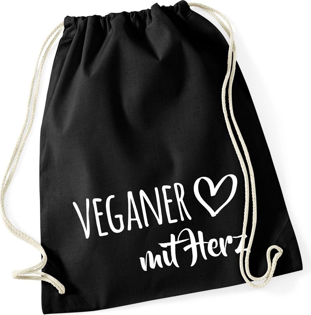 Huuraa Turnbeutel Veganer mit Herz 12 Liter Black Baumwolle Rucksack Geschenkidee