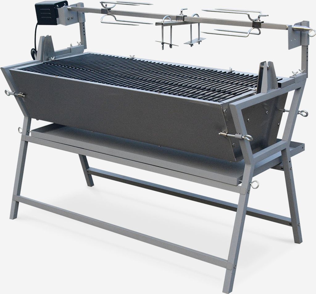 A motorized rotisserie grill on a stand, shown against a plain background.