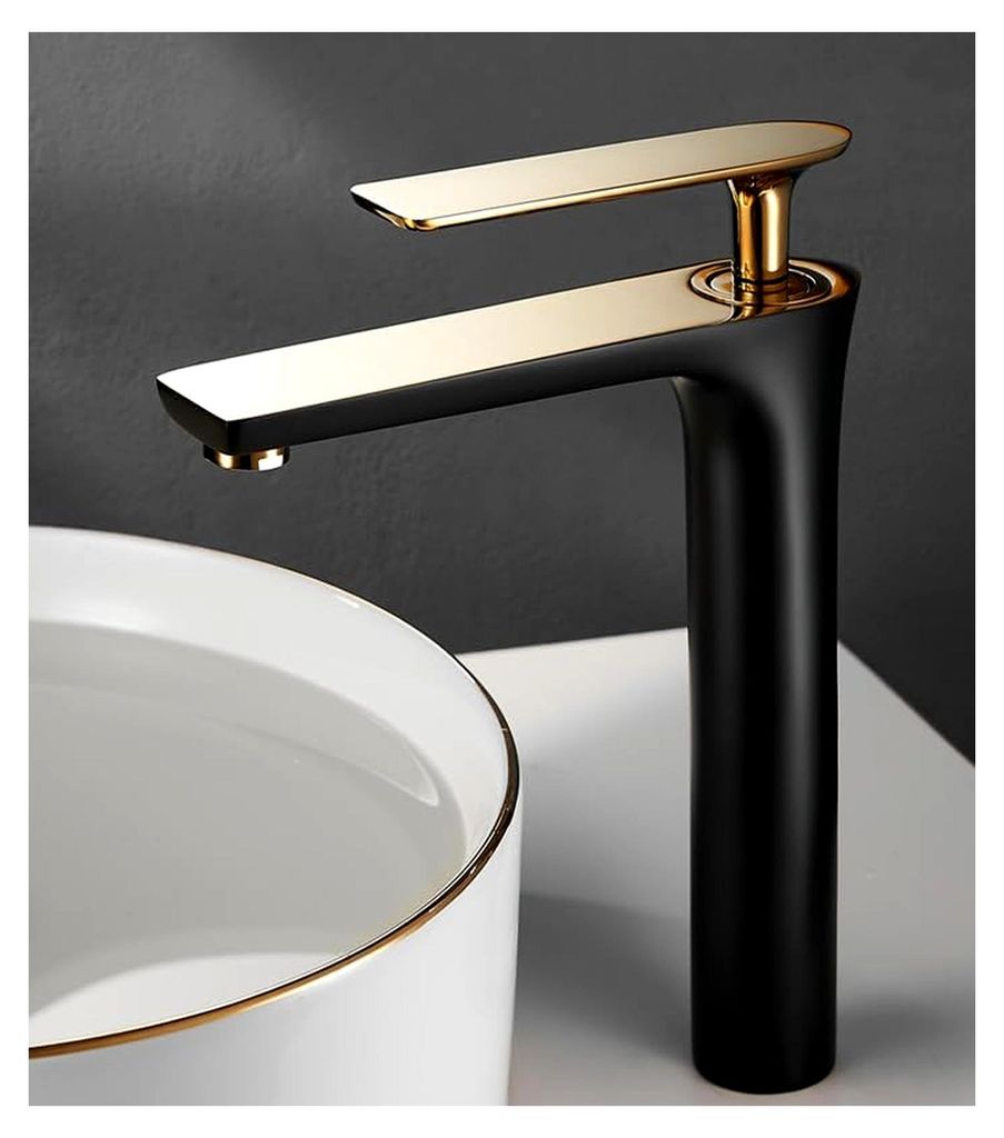 Waschbeckenarmatur für Warm- und Kaltwasser, schwarz + gold, für Aufsatzwaschbecken