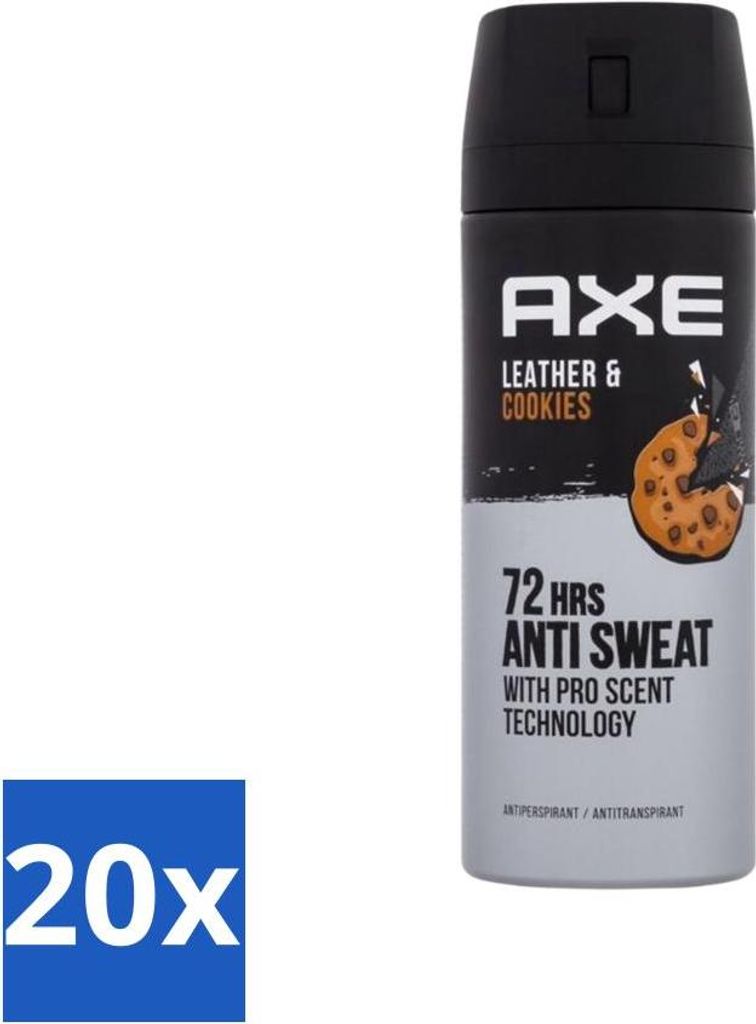 Ax – Deodorant-Spray – 72 Stunden Anti-Schweiß – Leder & Kekse – 150 ml - Vorteilspack - 20 Stücke