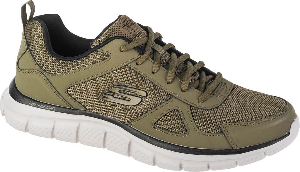 A single olive-colored athletic shoe is shown from the side against a white background.