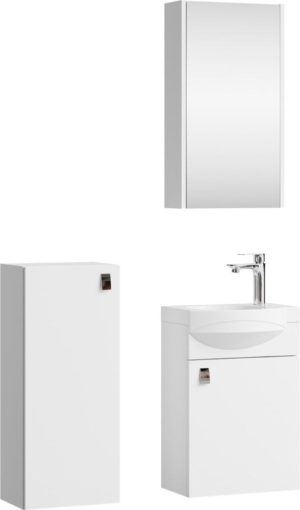 Planetmöbel Badmöbel-Set Waschtisch mit Unterschrank 40 cm & Spiegelschrank 40 cm & Midischrank Weiß
