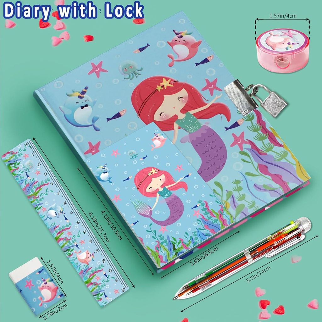 Tagebuch - Tagebuch mit Schloss Mädchen Meerjungfrau Hardcover Tagebuch für Kinder - Set inklusive Multicolor Stift Lineal Anspitzer Radiergummi ...