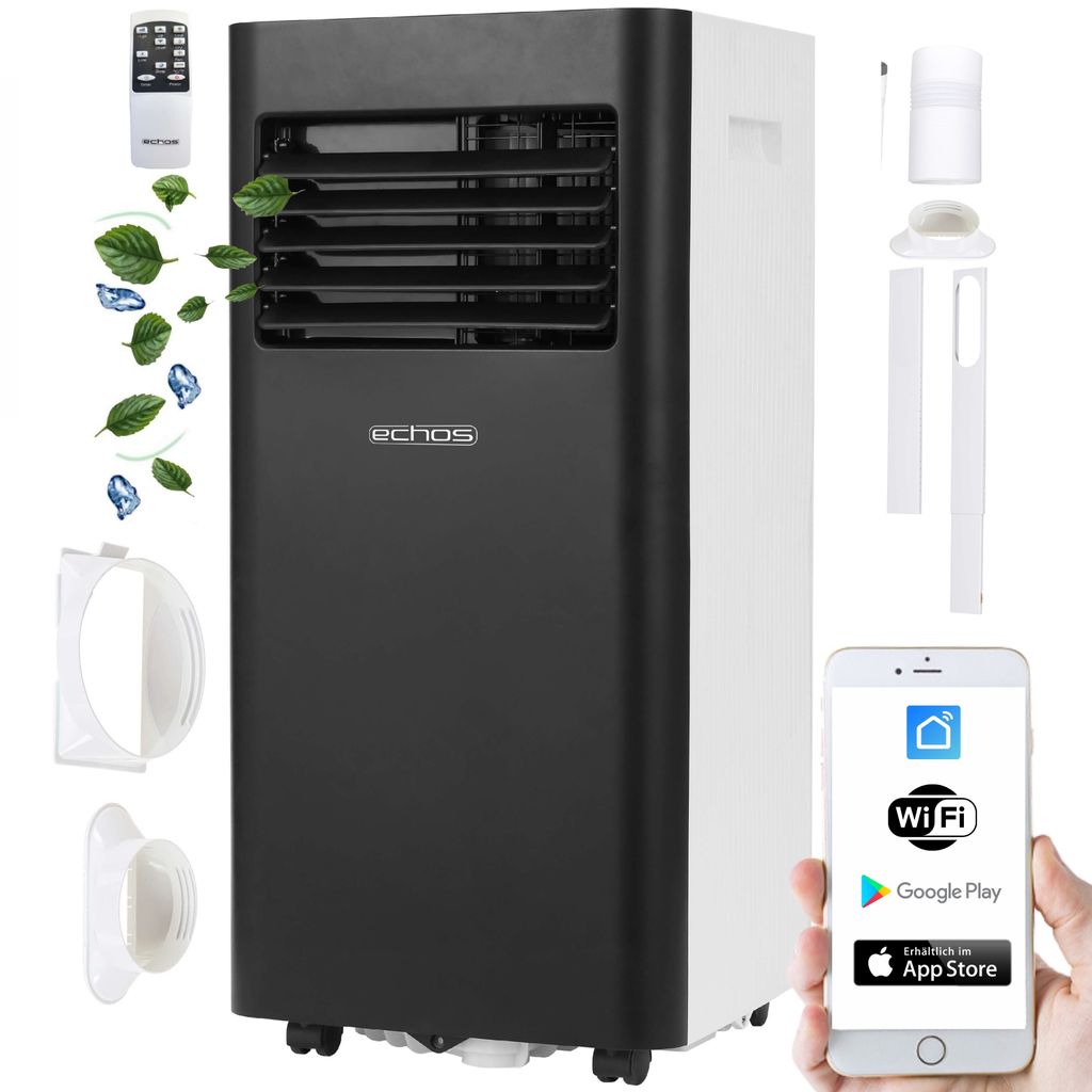 A mobile air conditioner with various accessories and a smartphone app interface shown.