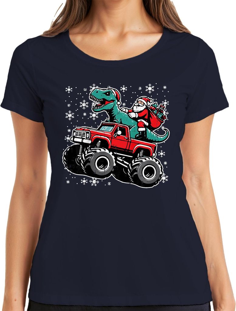 TRex Weihnachtsmann Monster Truck Schnee Geschenk Retro Damen T-Shirt, Navy, 3XL
