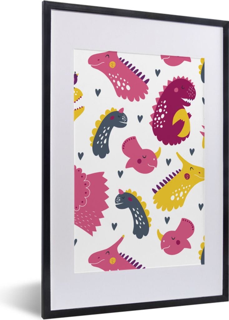 MuchoWow MuchoWow Gerahmtes Poster Dino - Muster - Kind - Rosa - Mädchen 40x60 cm - Poster mit zchwarzem Bilderrahmen - Poster in Rahmen