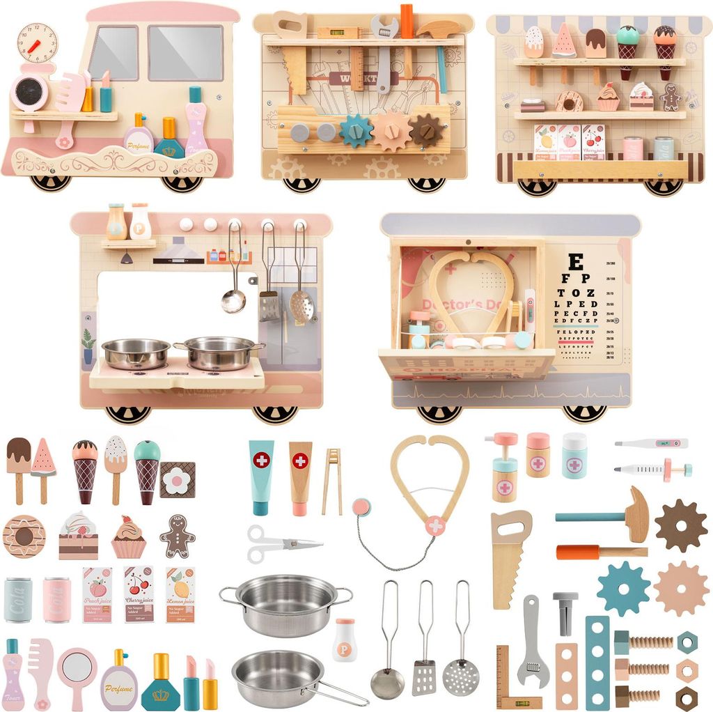 COSTWAY Busy board im Zugform für Kinder, Wandmontiertes Activity Board mit Kommode, Werkzeugkasten, Spielküche, Arztset & Snackbar, Motorikbrett