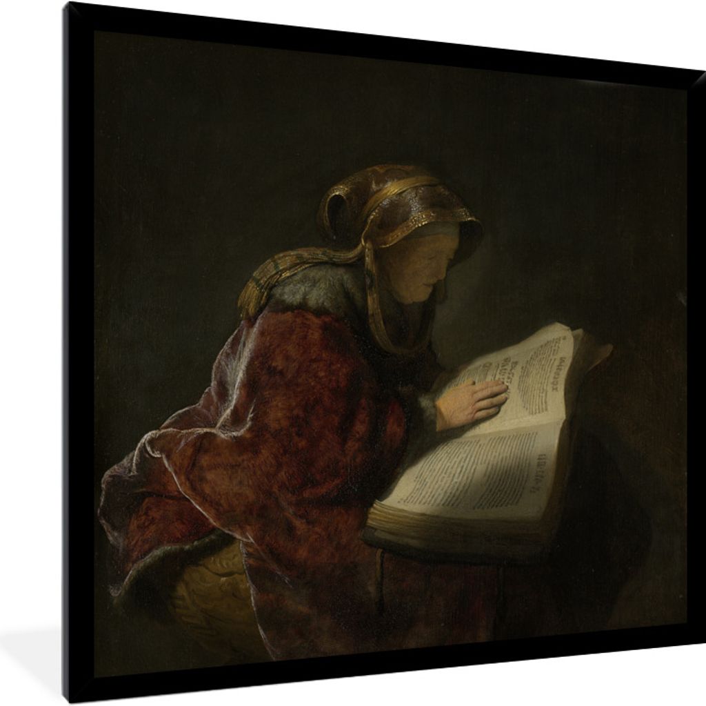 MuchoWow Gerahmtes Poster Alte Frau lesend, wahrscheinlich die Prophetin Hanna - Rembrandt van Rijn 40x40 cm - Poster mit Schwarzem Bilderrahmen ...