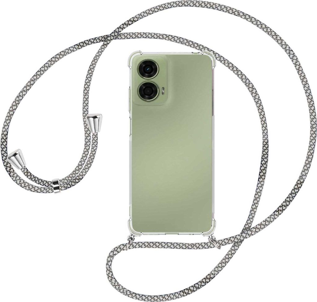 Handykette Backcover-Schutzhülle mit Band (Metall silberfarben) für Motorola Moto G24 - weiß/grau kariert