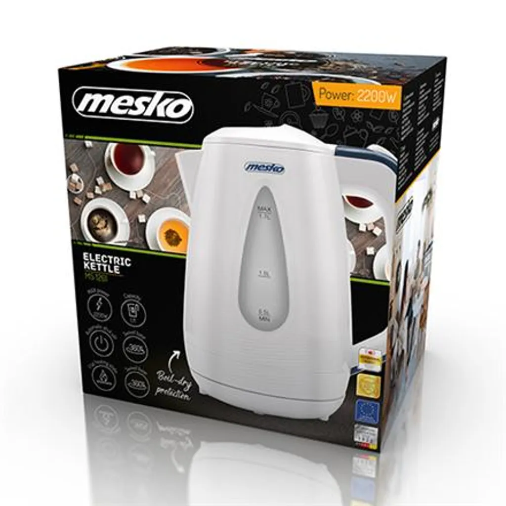 Mesko Bouilloire Électrique MS 1261 - 1,7 L - 2200W - Blanche et Pivotante