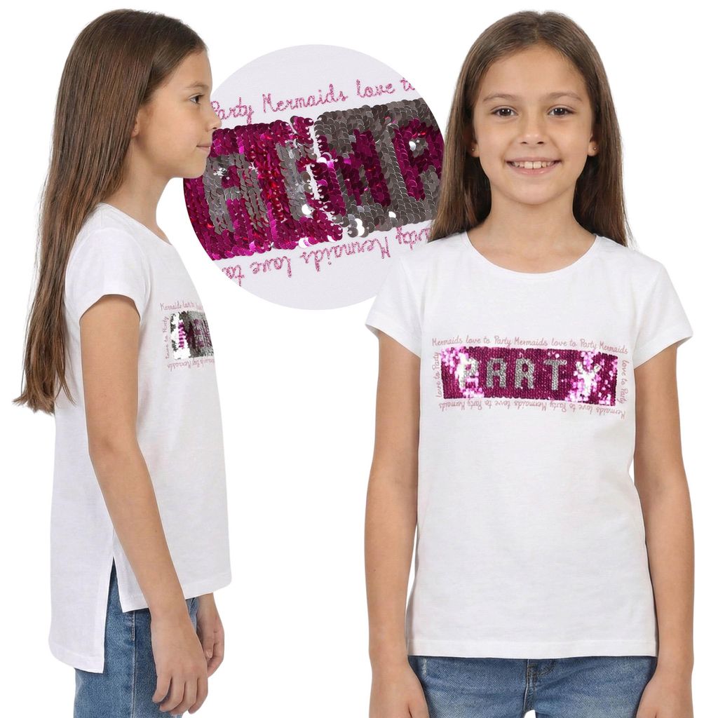 Weißes Kurzarm-T-Shirt für Mädchen mit wendebaren Pailletten, MERMAID-Motiv, aus 100 % Viskose 128