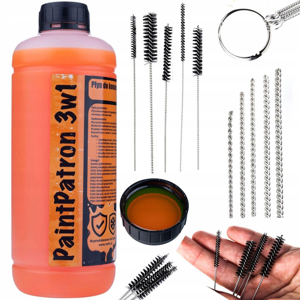 Rosfix Wartungs- und Reinigungsflüssigkeit für Farbspritzgeräte 3in1 1L + Metall-Reinigungsstäbe 5 Stück + Reinigungsstäbe - Bürsten zum Rei...