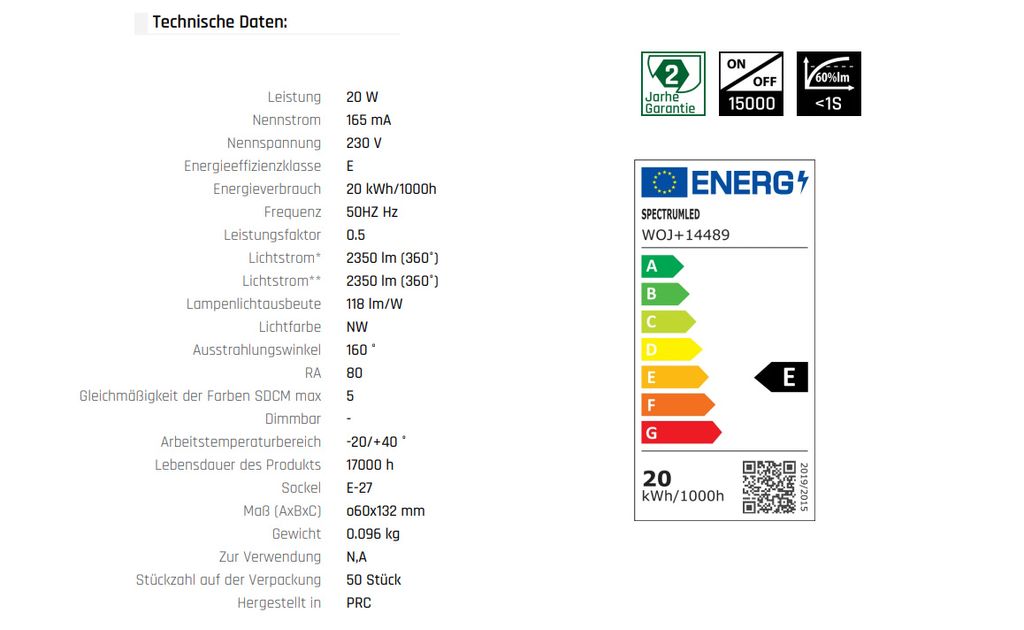 Spectrum LED Leuchtmittel Birnenform A60 20W E27 matt Produktbild 5