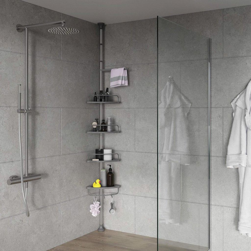 Teleskop Eckregal Edelstahl rostfrei mit 4 Ablagen Duschregal Teleskopregal für Dusche Bad Duschablage höhenverstellbar von 120-300 cm grau