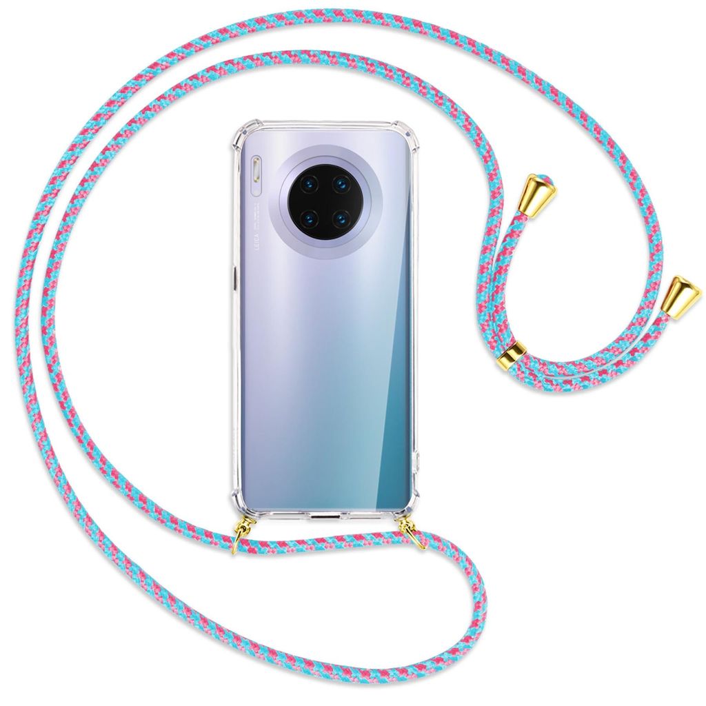 Handykette Backcover-Schutzhülle mit Band (Metall goldfarben) für Huawei Mate 30 Pro - pink/mint