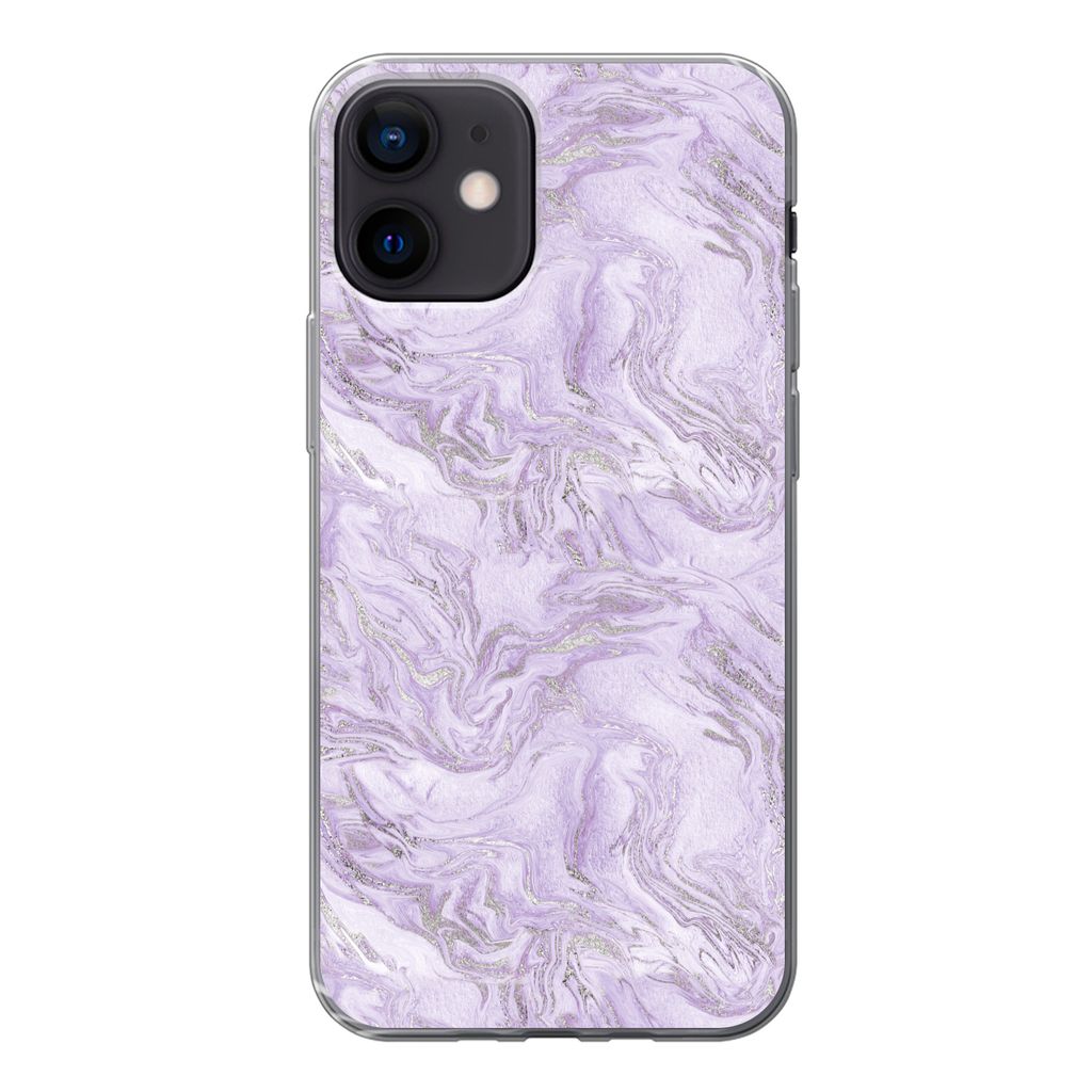 MuchoWow Handyhülle Schutzhülle Hülle für iPhone 12 Marmor - Silber - Muster Silikon Softcase Handy Hülle - Schutzhülle